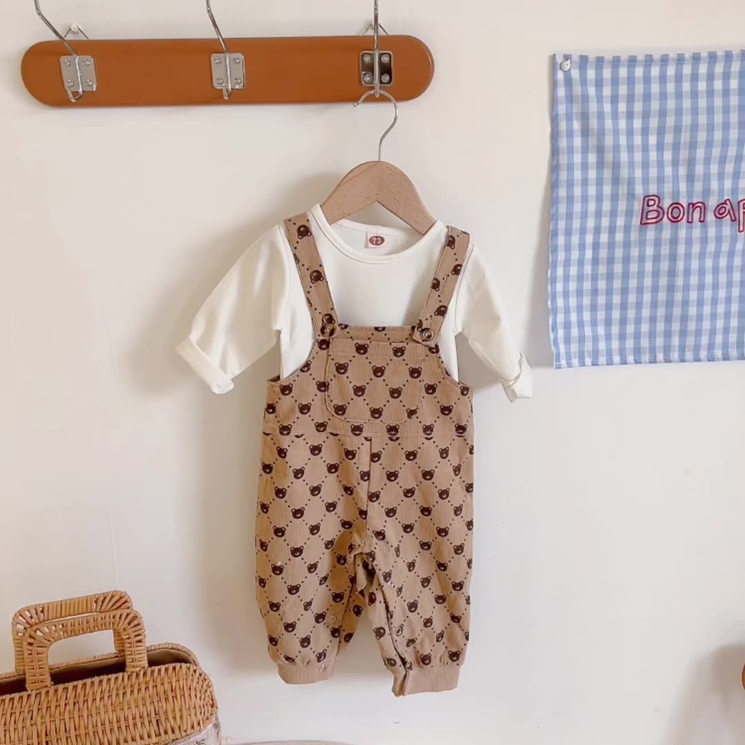 Zestaw bawełniany dla niemowląt – Beżowe ogrodniczki Teddy Bear