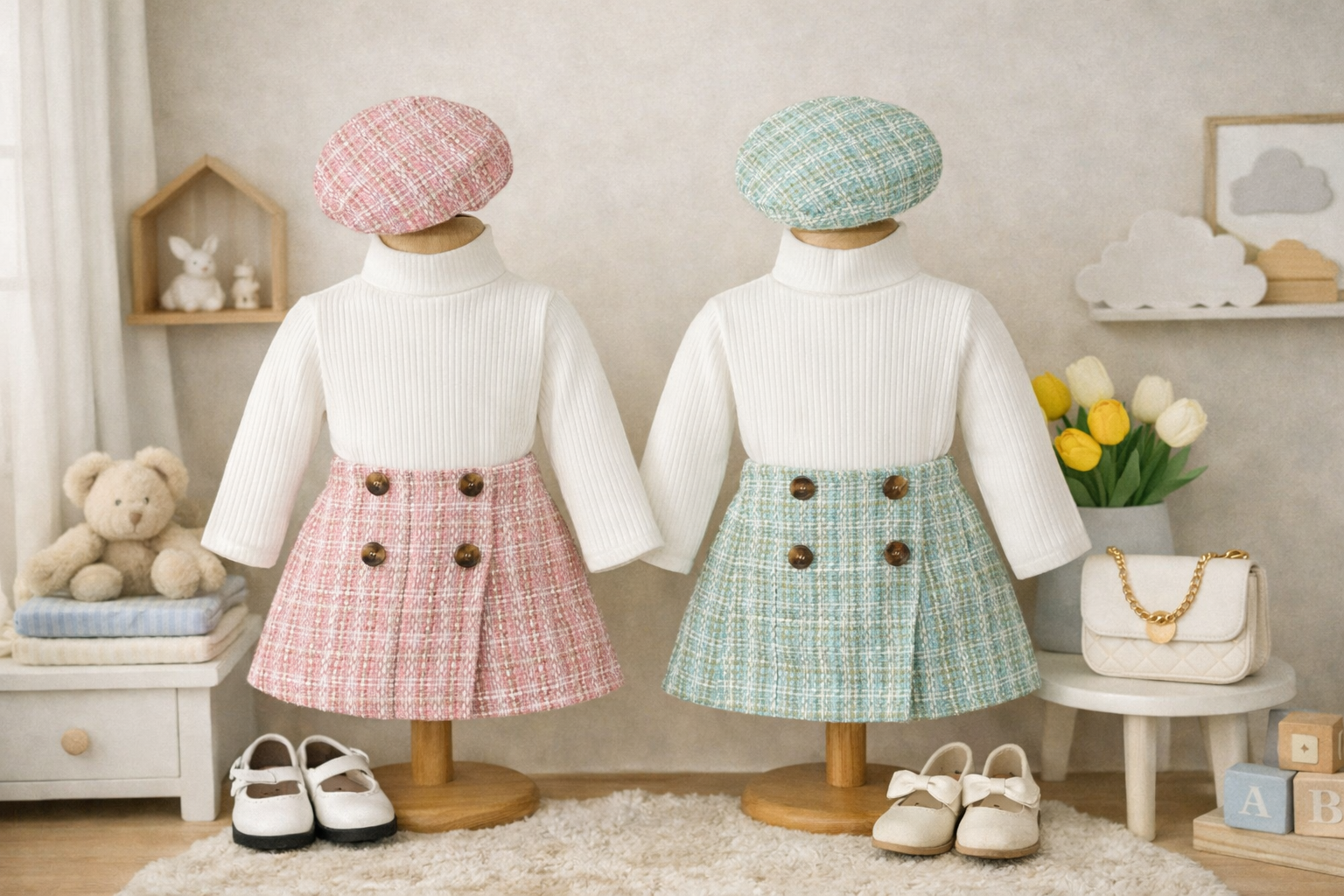 Elegancki komplet Tweed: Spódniczka, Bluzka i Beret