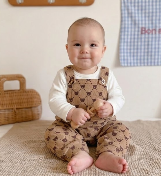 Zestaw bawełniany dla niemowląt – Beżowe ogrodniczki Teddy Bear